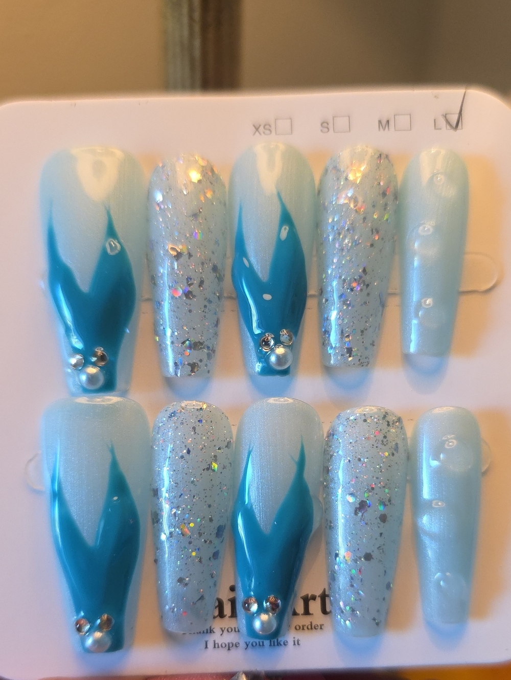 Blue Sparkle Press-On Nail Set with Teal Accent Size Large